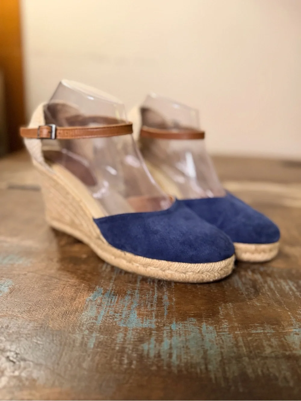 Navy Wedge Espadrille Sandals with Brown Ankle Strap